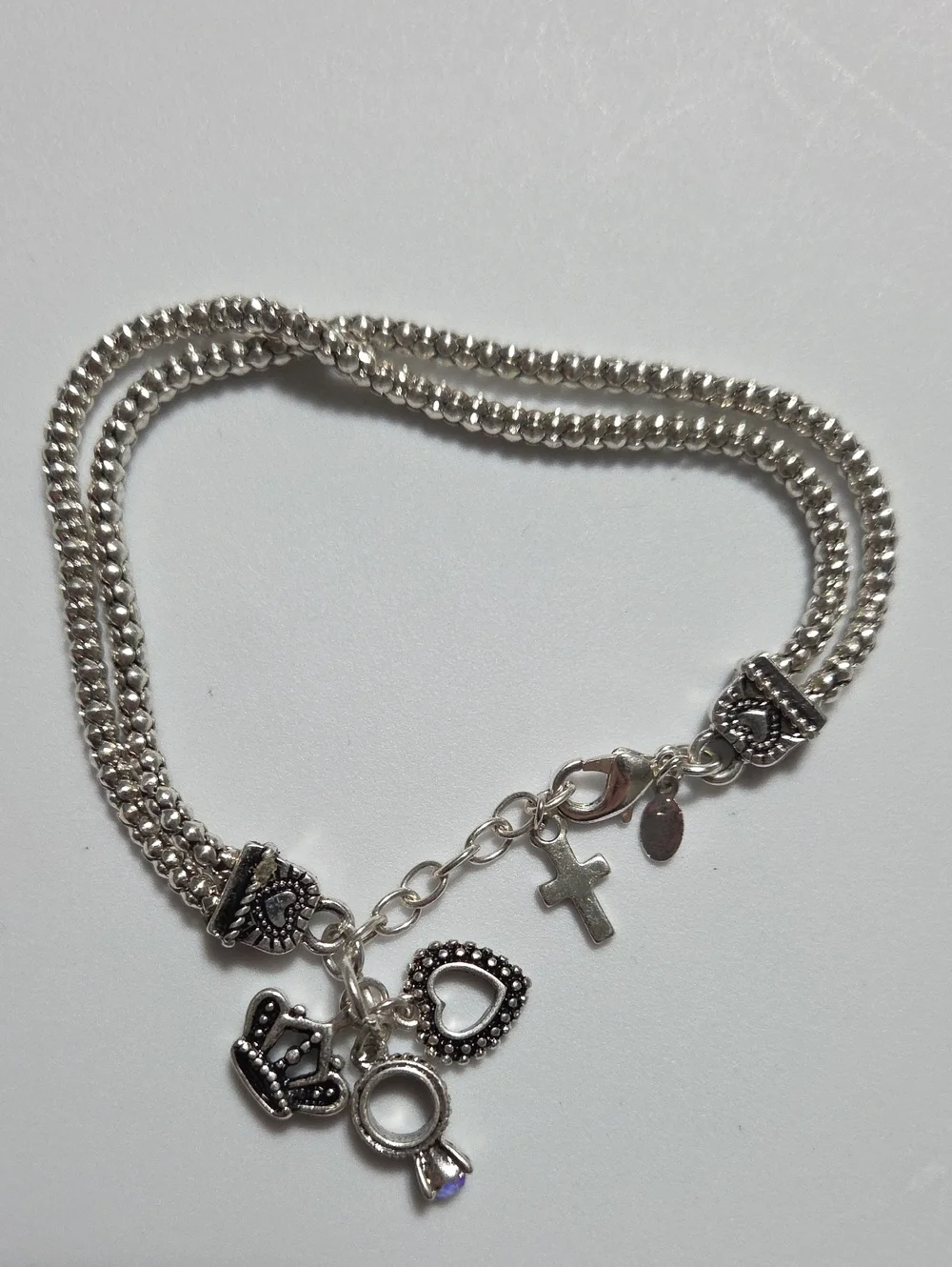 Premier Designs Silver Tone Charm Bracelet Crown Cross Heart Ring Multi Strand